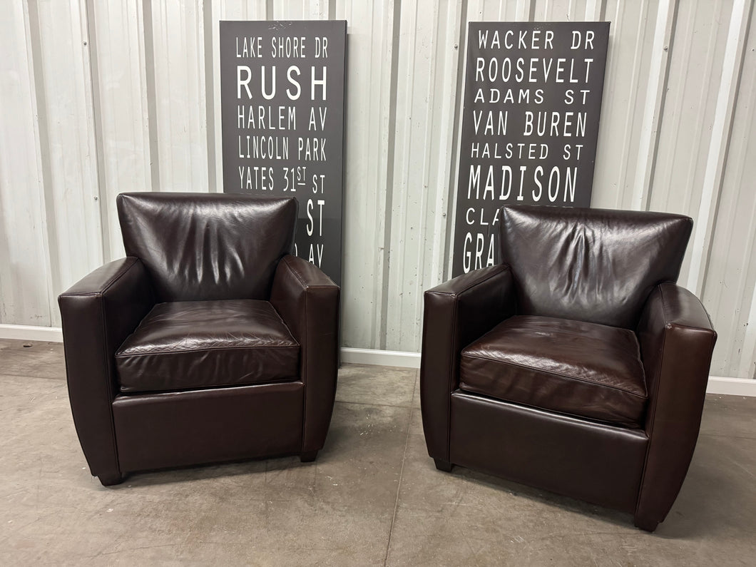 Crate & Barrel Streeter Leather Club Chairs (2) & Ottoman